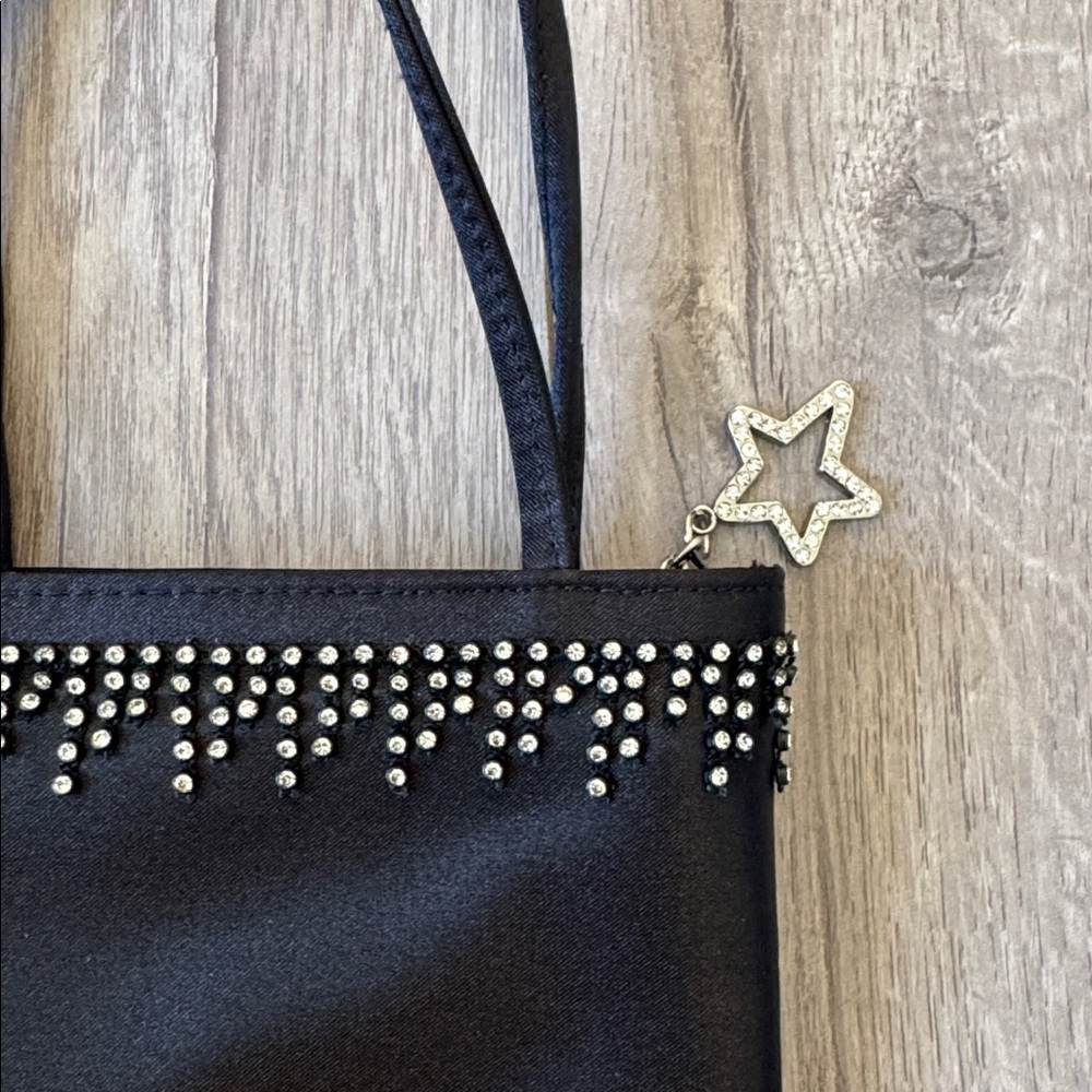 Nine West Y2K Black Satin Mini Tote Rhinestone Zip Mini Bag - Picture 2 of 6
